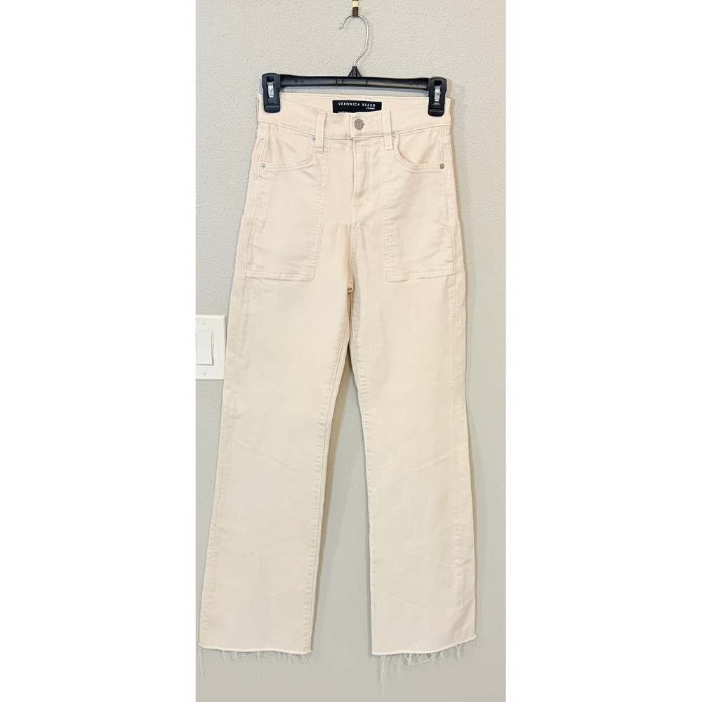 Veronica Beard High Rise Wide Leg Jeans Ecru Off White Patch Pocket Raw Hem 25 - Picture 3 of 7